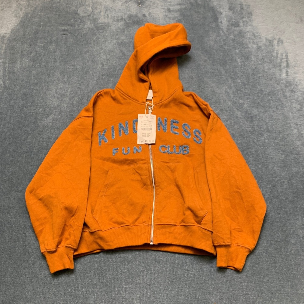 Zara Kindness Fun Club Hoodie Kids 8-9 Brown Terry Slogan Fleece Lined Pullover